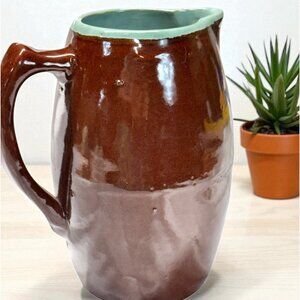 VINTAGE Brown & Turquoise Color Art Stoneware Ceramic 8" Pitcher